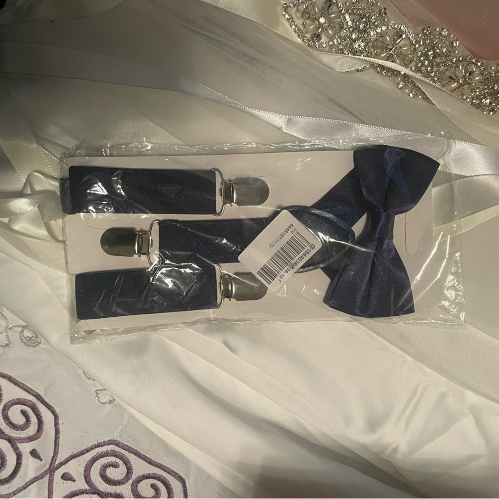 Wedding items. Greenery, ring box, boys suspender/bow tie set